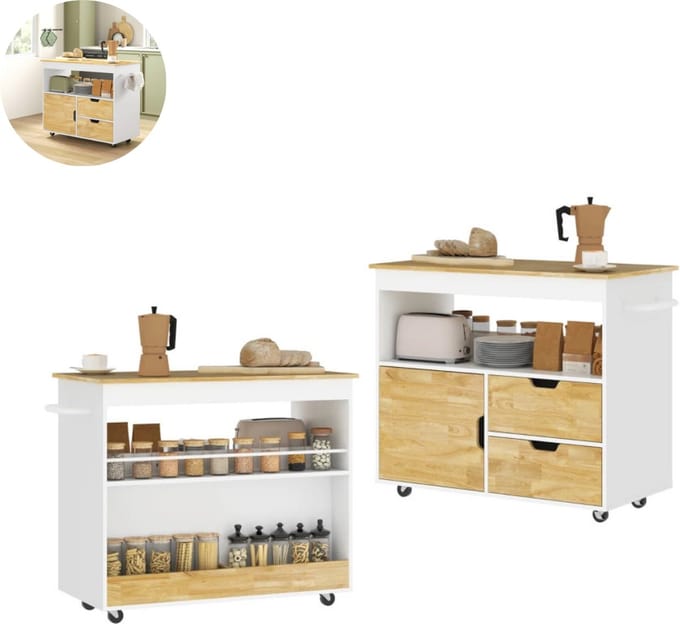 Keukeneiland - Verplaatsbaar - Keukenkast - Dressoir - Organizer - Kasten - Houten Werkblad - Wit
