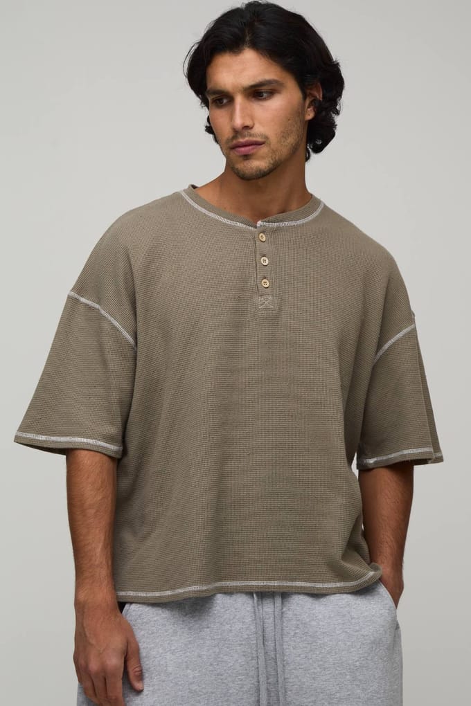 Oversized Boxy Acid Wash Waffle Henley T-Shirt | Khaki | Size Medium