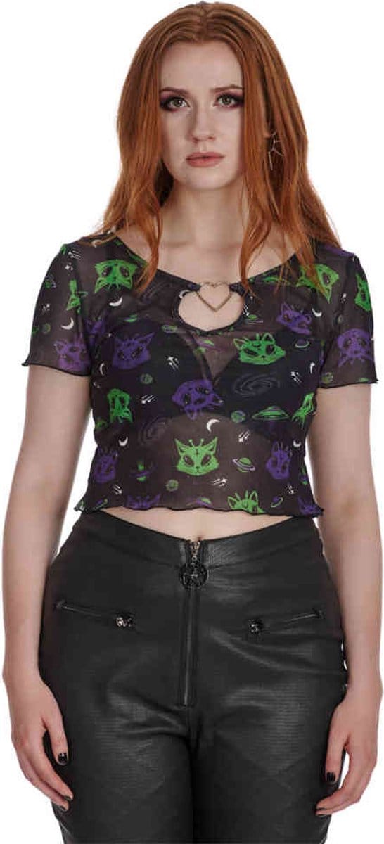 Banned - Alien Space Cat Mesh Cut-Out Top - XS - Zwart