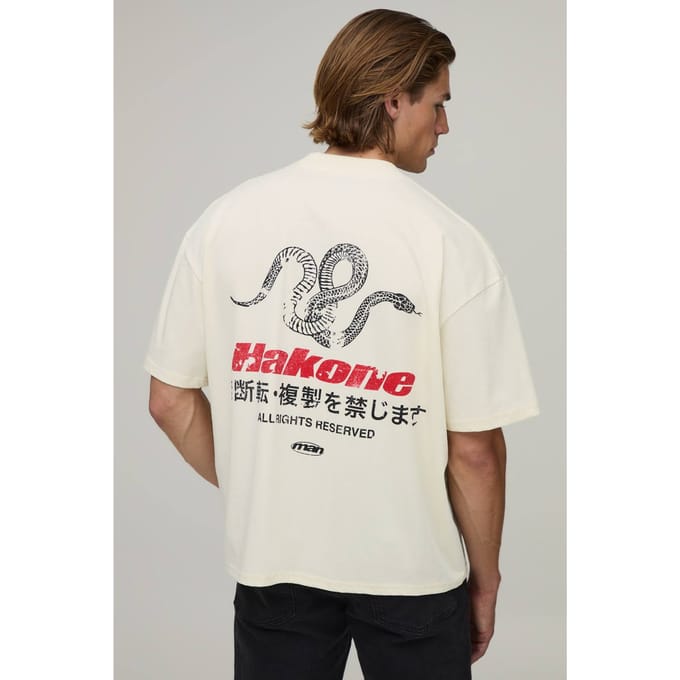 Ecru Oversized Boxy T-shirt Met Hakone Print | Size Medium