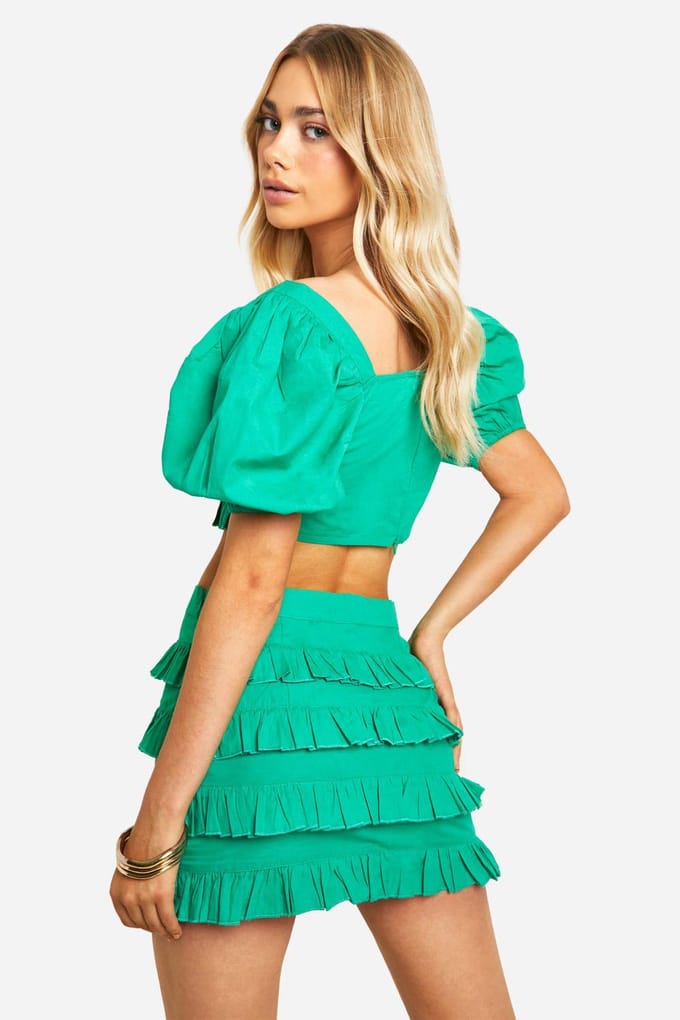 boohoo Dames Cotton Poplin Ruffle Mini Skirt | Groente | Maat: 38