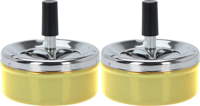 Set van 2x stuks ronde draaiasbak/drukasbak metaal 10 cm geel voor binnen/buiten