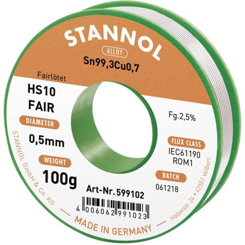 Stannol HS10-Fair Soldeertin Spoel Sn99,3Cu0,7 ROM1 100 g 0.5 mm