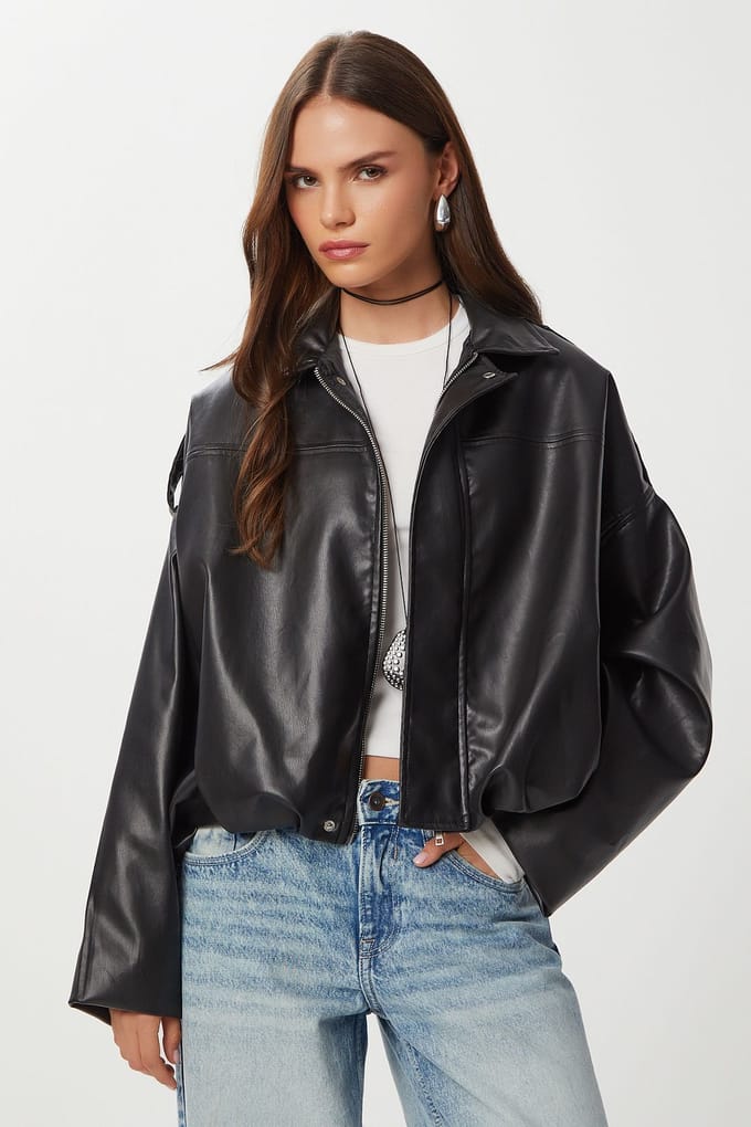 Faux leren bikerjack met ritssluiting