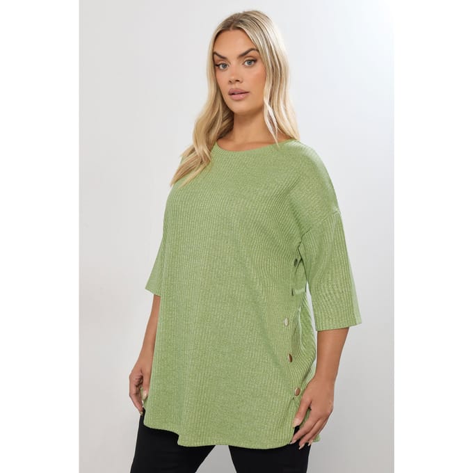 Yours Groene Geribbelde Top Met Knoopjes Aan De Zijkant Size 50-52