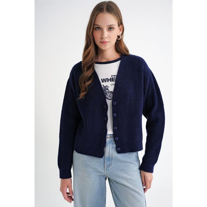 Gestructureerde V-hals Knop Cardigan