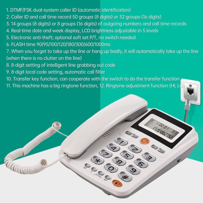 Téléphone fixe filaire de bureau téléphone filaire à gros boutons pour personnes âgées téléphone avec écran LCD blanc