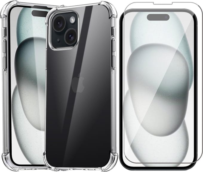 Hoesje geschikt voor iPhone 15 Plus - Screen Protector GlassGuard - Back Cover Case ShockGuard Transparant & Screenprotector