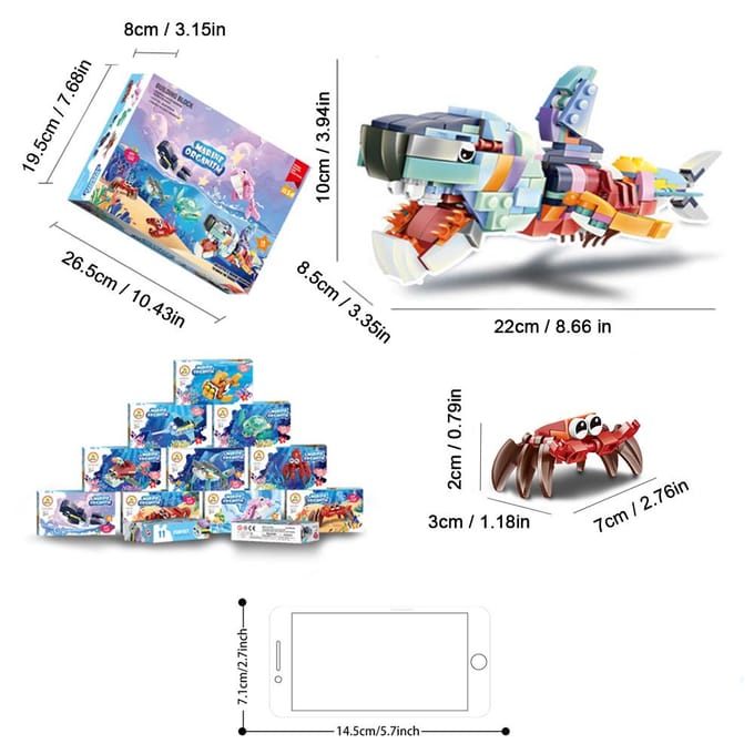 Creatieve 12-in-1 Bouwstenen, 12 Zeedieren Kunnen Worden Samengevoegd tot een Haai, Perfect voor Verjaardags- en Kerstcadeau gray