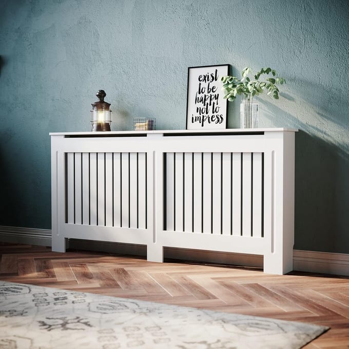 Radiatorbekleding Hout - Verwarming Afdekking - Verbergen Radiator - Verticale Lamellen - 172 x 19 x 81.5 cm - Wit