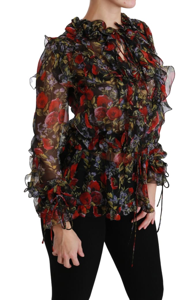Dolce & Gabbana Zwarte Bloemen Rozen Blouse Zijde Top