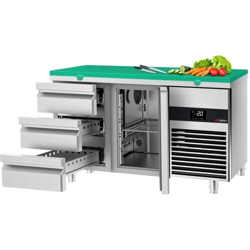GGM Gastro Koelwerkbank PREMIUM - 1400x700mm - met 1 deur - met 3 lades - met snijplaat groen groen