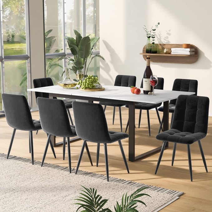 REDOM - Eetkamerset - Uitschuifbare Eettafel En Gestoffeerde Stoelen - Modern - Voor Eethoek - MDF - Wit - 140/180x80x75 cm
