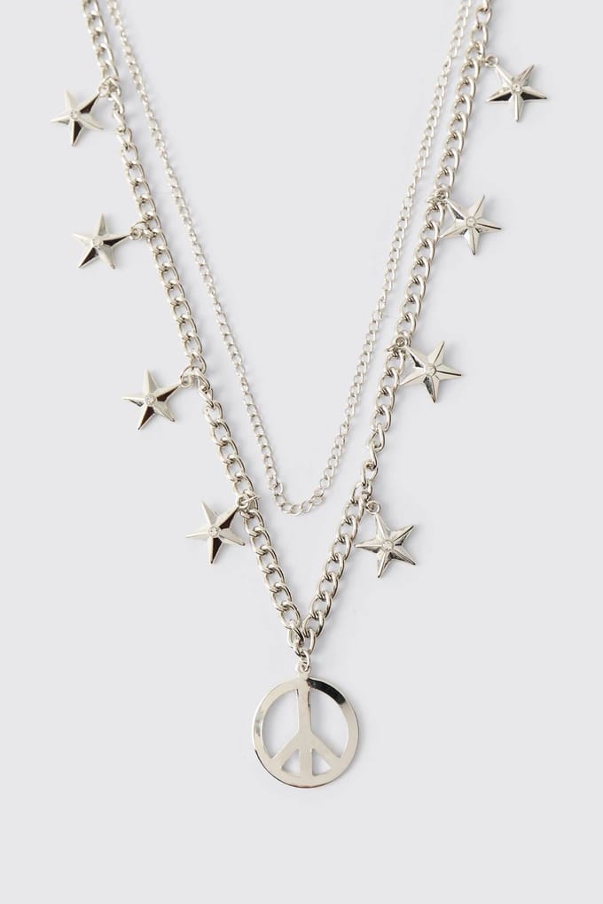 Silver Layered Chain with Star Accents and Peace Pendant