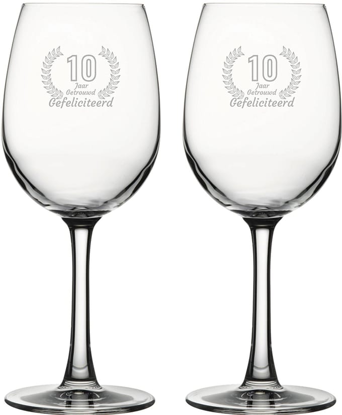 Gegraveerde set witte wijnglazen 36cl Gefeliciteerd 10 jaar getrouwd