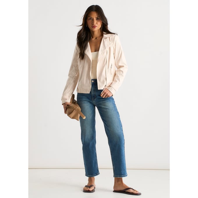 Beige corduroy motorjack met ritssluiting