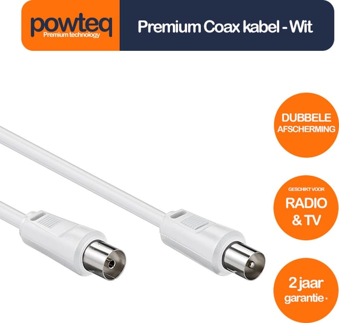 Powteq COAX kabel - Premium kwaliteit - Dubbele afscherming - 2.5 meter - Wit - Radio & TV