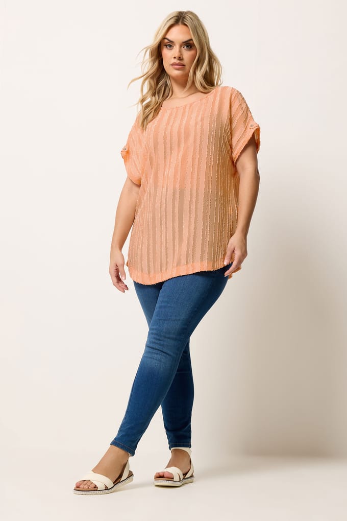 Yours Oranje Top Met Textuurstrepen En Mouwtabs Size 44