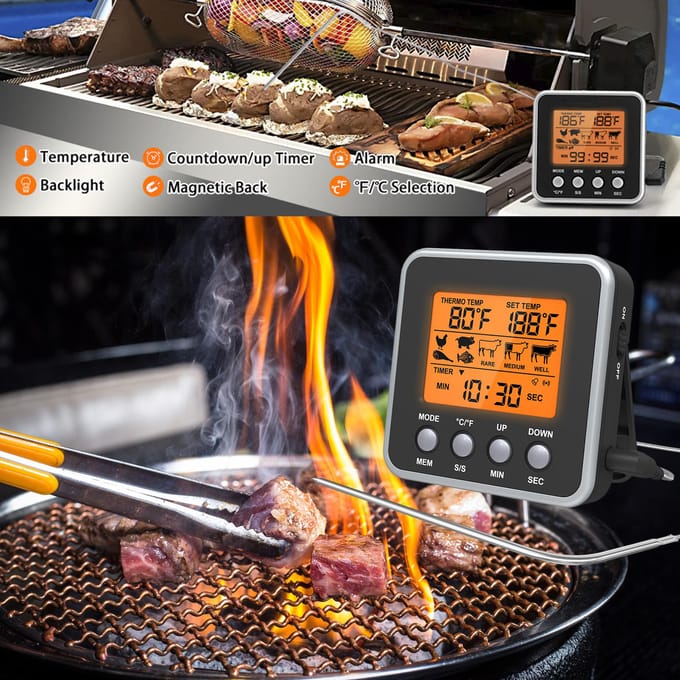 Oranje LCD digitale voedseltemperatuurmeter met achtergrondverlichting, kookvleesthermometer met temperatuursonde, zwart