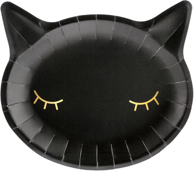 PARTYDECO - 6 zwarte kattenhoofd kartonnen borden 22 cm gouden ogen