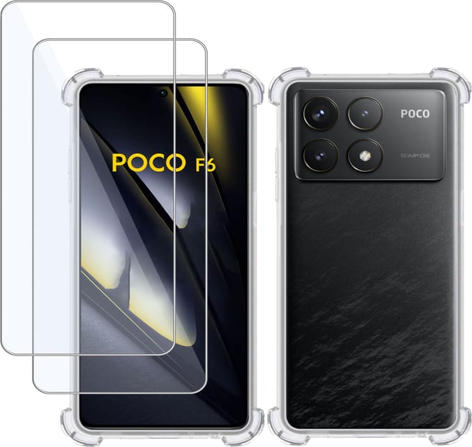 Hoesje + 2x Screenprotector geschikt voor POCO F6 Pro – Tempered Glass - Extreme Shock Case Transparant