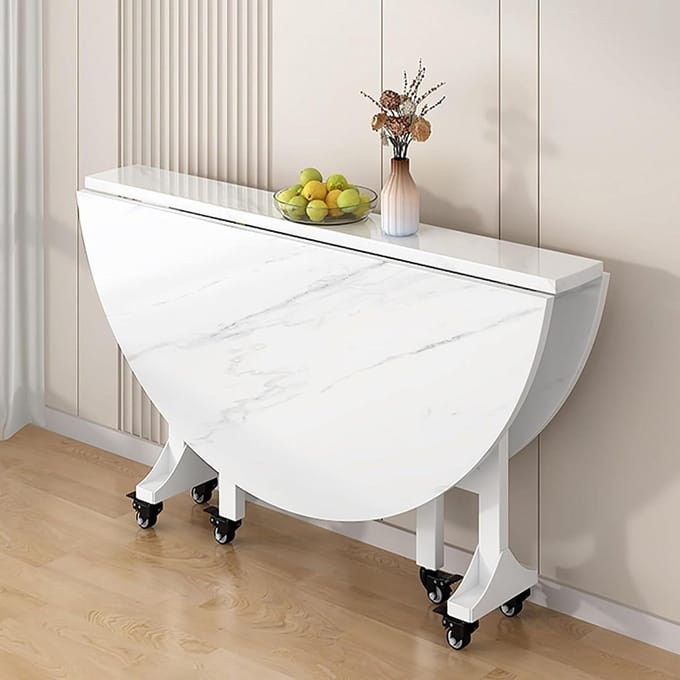 Ronde Klaptafel - Eettafel Bijzettafel - Ruimte Besparen - Vergrendelbare Wielen - 100 cm - Wit
