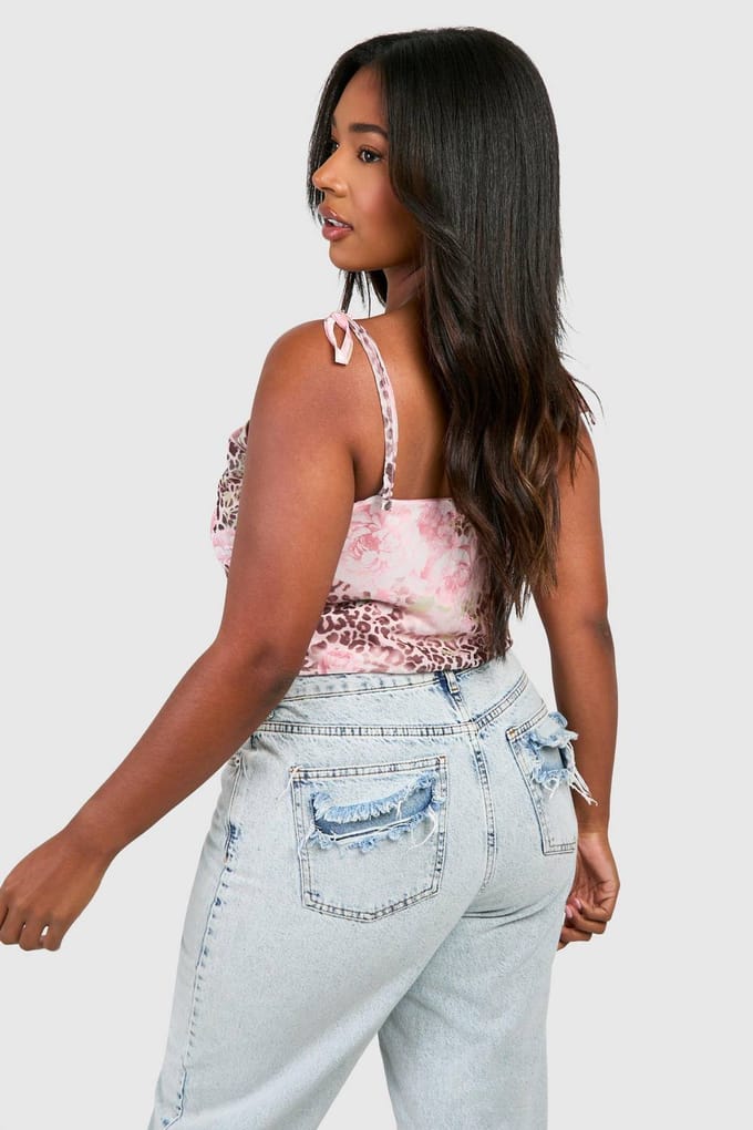 boohoo Dames Plus Faded Luipaardprint Mesh Tie Shoulder Korsett Top | Bruin | Maat: 54