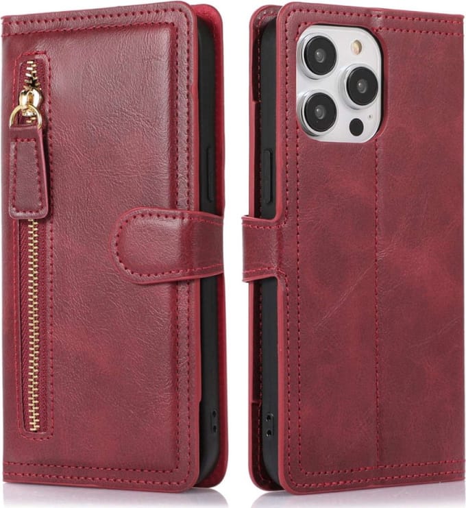Bookcase Geschikt voor: iPhone 15 Plus Book case met ritssluiting - Hoesje Flipcover - Magnetisch - 5 kaarten houder - Rood