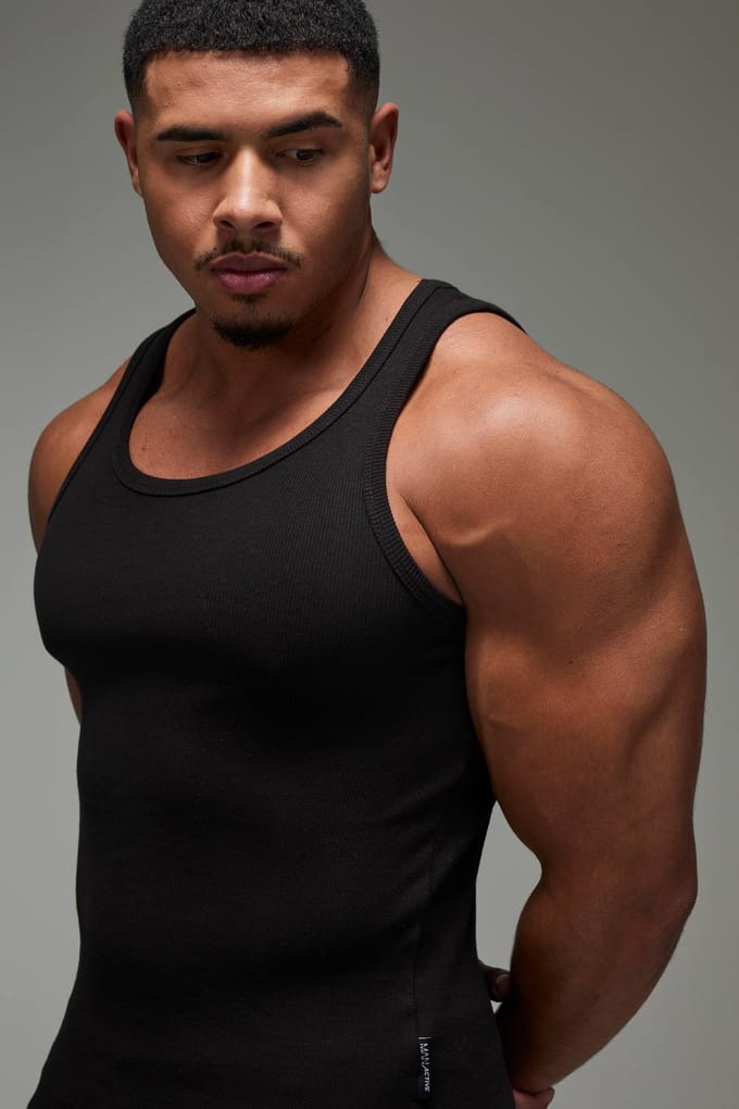 Men's Active Gym Muscle Fit Ribbed Vest | Black | Size Medium