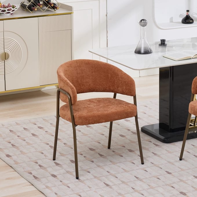 Eetkamerstoel - 1 stuk - chenille armstoel modern - keuken eetkamer - chenille + metaal - oranje / messing