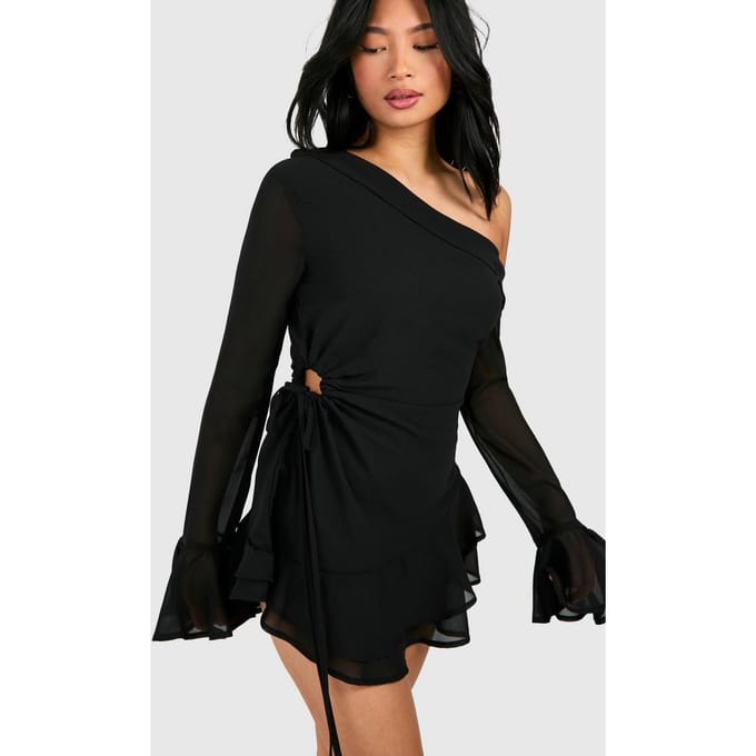 boohoo Dames Petite Bardot Chiffon Langmouw Mini Jurk | Black | Maat: 8