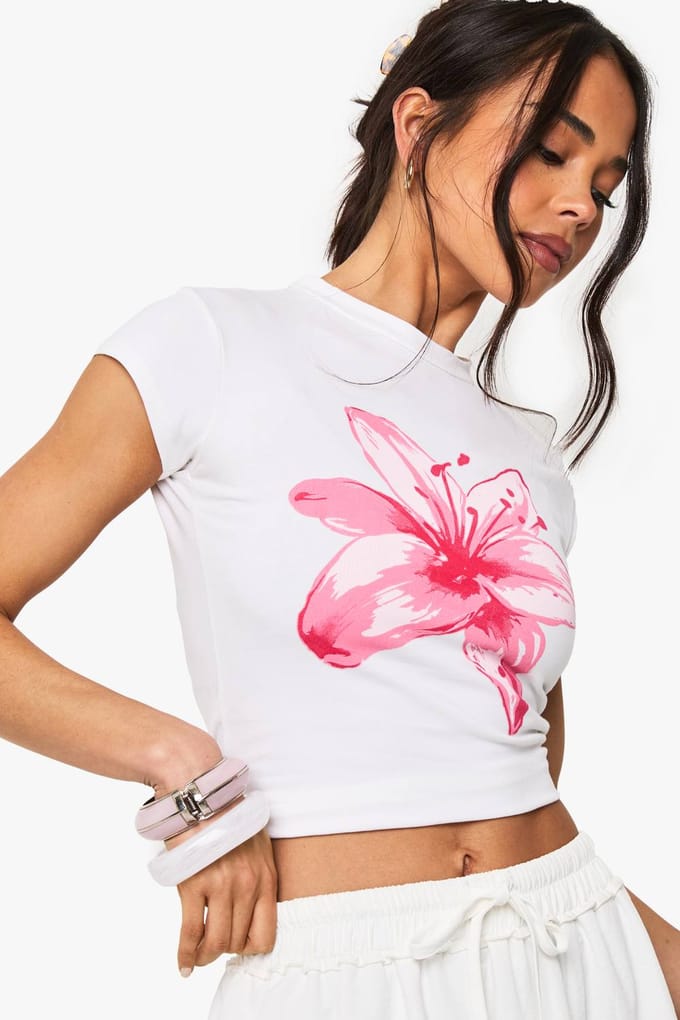 boohoo Dames Large Flower Fitted T-Shirt | Wit | Maat: Small