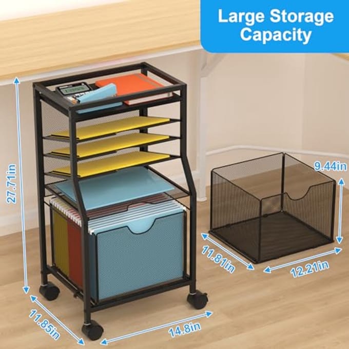 Zwarte Rolling File Cart - 6-Tier Onder Bureau Organizer met Afsluitbare Wielen