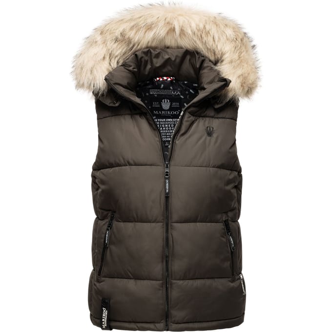 Marikoo dames gewatteerd vest – Eisflöckchen met capuchon & imitatiebontkraag