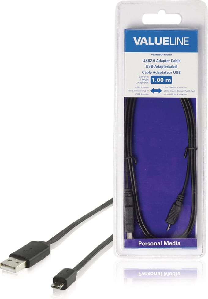 USB 2.0 Kabel USB A Male - Micro-B Male Plat 1.00 m Zwart