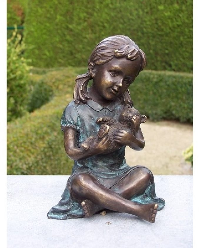 Beeld Brons Meisje Met Teddybeer | Bronzen Beelden  | Bronzen Beeld Van Kinderen | 1 Jaar Garantie