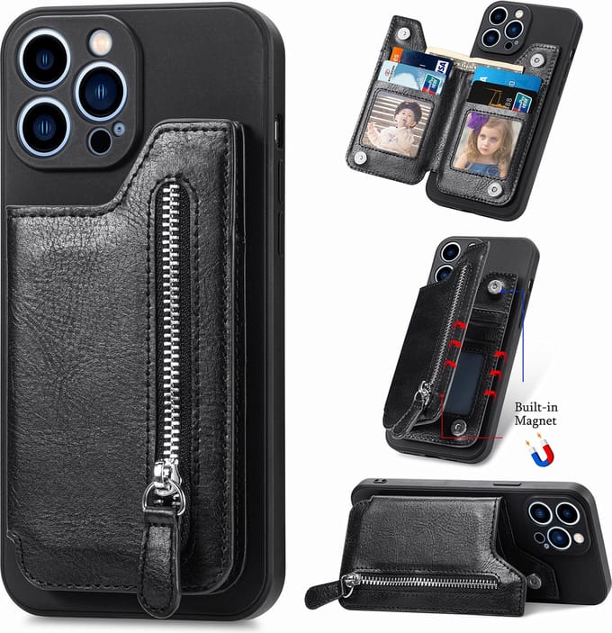 Luxe Hybride Rits Card&Cash Wallet Case + PMMA Screenprotector voor iPhone 14 Pro Max _ Zwart