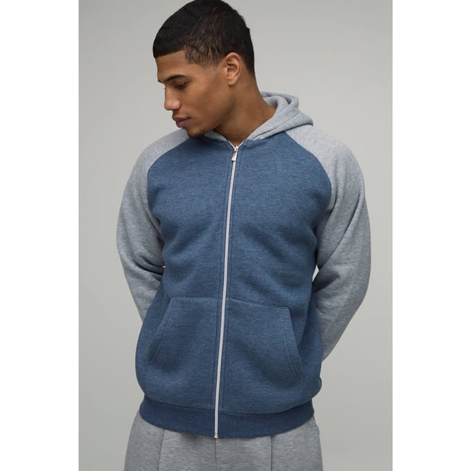 Regular Fit Raglan Sleeve Zip Through Hoodie | Navy | Size Small