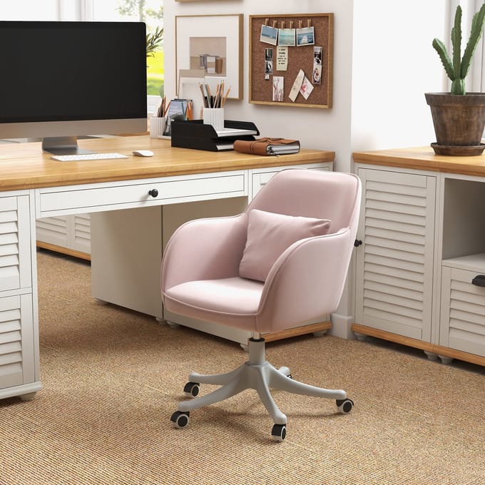 REDOM - Bureaustoel - Vibratiemassage - Verstelbare zithoogte - Afneembaar lendenkussen met USB-aansluiting - Fluweel - Roze - 57 x 70 x 78-86 cm