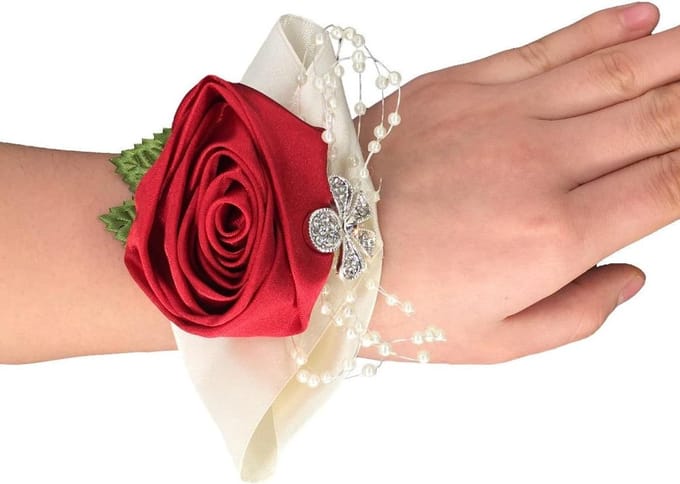 Pols Corsage - Bruidsbloemen Pols - Bruiloft Decoratie - Elastische Polsband - 4 stuks - Wijnrood