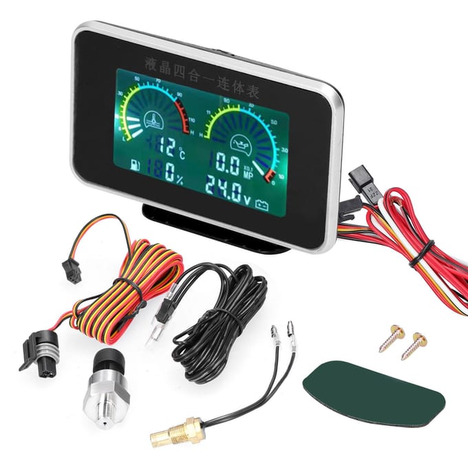 4-in-1 Auto LCD-meter Digitale oliedruk Spanning Watertemperatuur Brandstofmeter Universeel instrument zwart