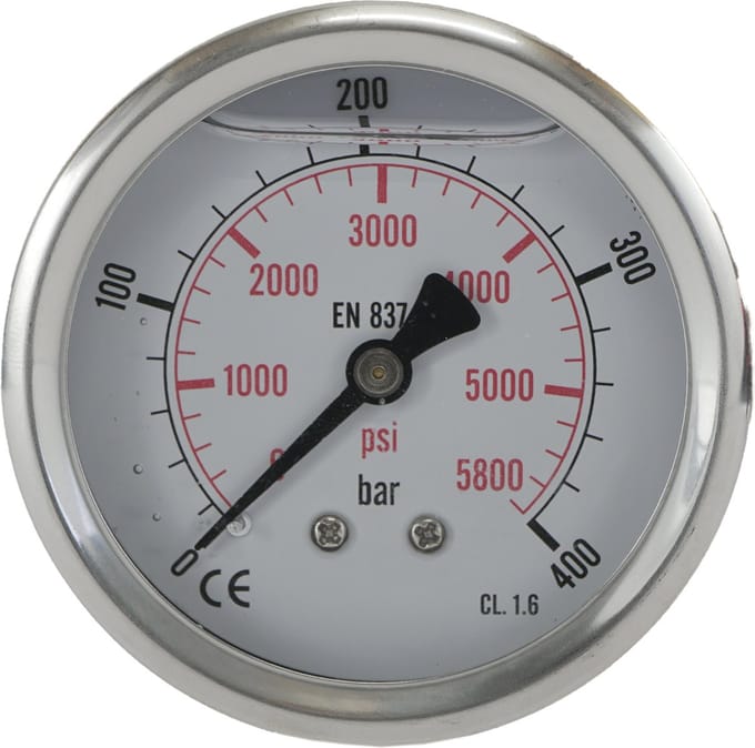 0..400 Bar Glycerine Manometer Achteraansluiting RVS/Messing 63 mm Klasse 1.6 - ML040063SHG