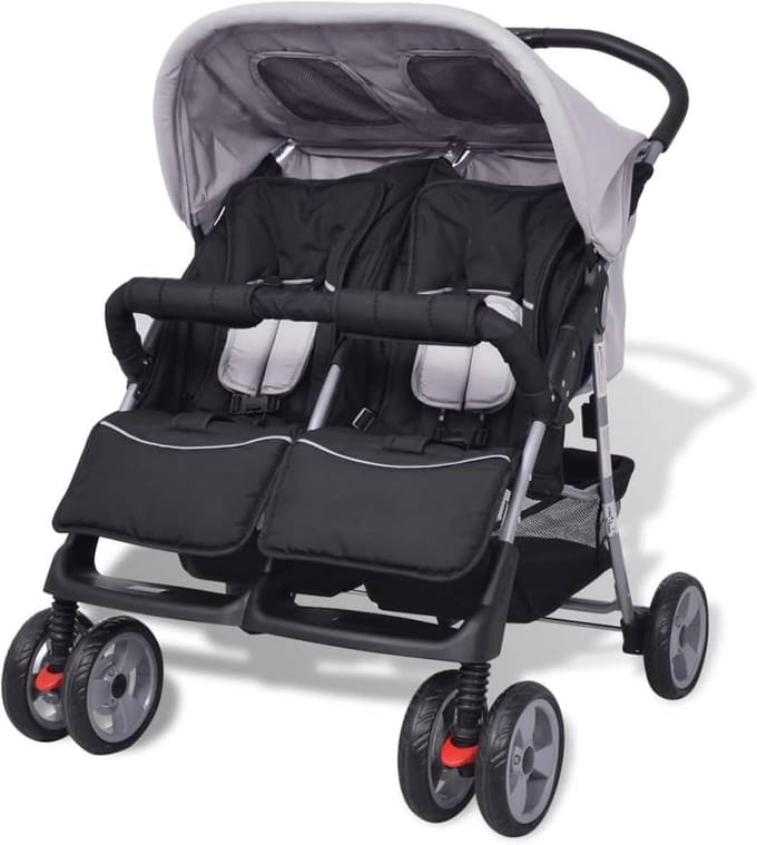 Comfortabele Dubbele Kinderwagen Grijs/Zwart - Inklapbaar met Verstelbare Rugleuning
