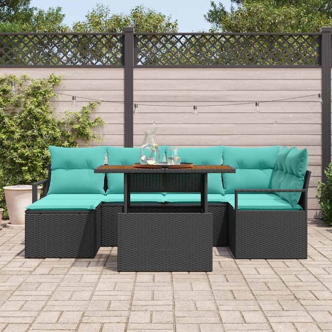 vidaXL - Tuinbank - Set - 7 - st - Zwart - en - Teal - poly - rattan
