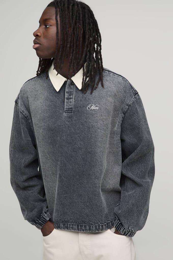 Geborduurd Gewassen Oversized Denim Rugby Shirt | Washed Black | Size Medium