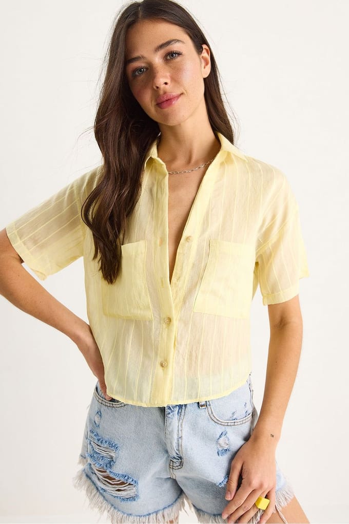 Gestreepte Cropped Shirt met Textuur en Zak