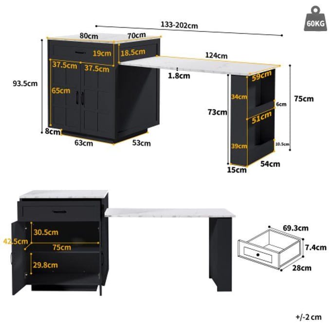 Bartafel - MUVOE - 133-202x70x93,5 cm - Telescopisch uitschuifbaar - 2 lades - 4 vakken zwart