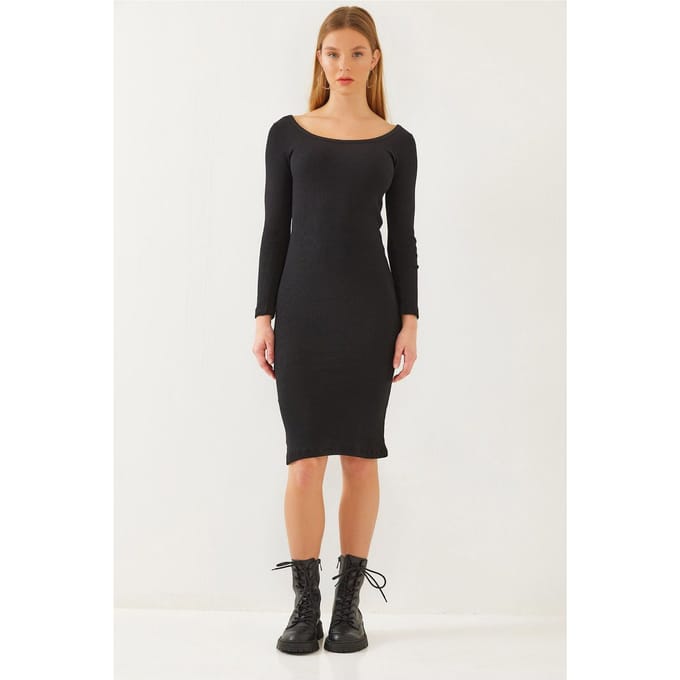 Textured Geribde Midi-jurk met Vierkante Kraag