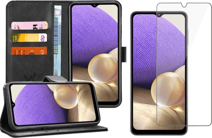 Hoesje geschikt voor Samsung A32 en Screenprotector Book Case Kunstleer Wallet Zwart + Screen Protector Glas