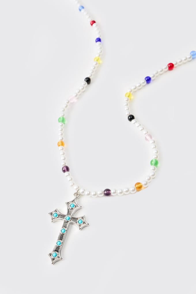 Edelsteen en Kruis Nepparelen Ketting | Pearl